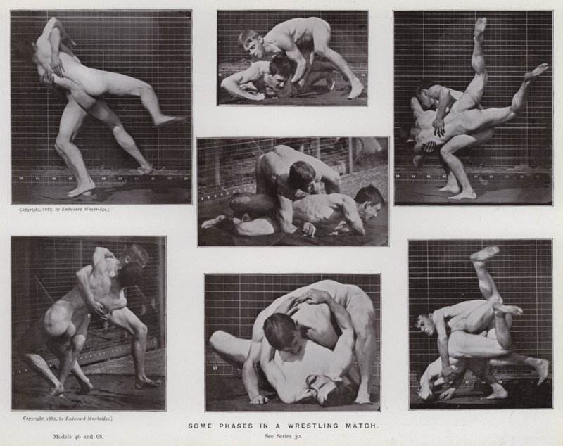 Mozgó emberalak: Egy birkózómérkőzés néhány fázisa (fekete-fehér fotó) alkotó: Eadweard Muybridge