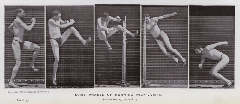 Mozgó emberalak: A magasugrások futás néhány fázisa (f/w fotó) alkotó: Eadweard Muybridge