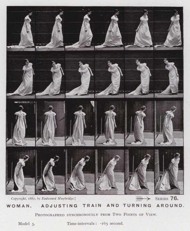 Az emberi alak mozgásban: Nő, igazodik a vonathoz és megfordul (f/w fotó) alkotó: Eadweard Muybridge