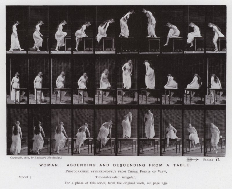 Mozgó emberalak: Nő, fel- és leszáll az asztalról (f/w fotó) alkotó: Eadweard Muybridge