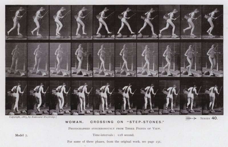 Mozgó emberalak: Nő, átkelés „lépcsőkövön” (f/w fotó) alkotó: Eadweard Muybridge
