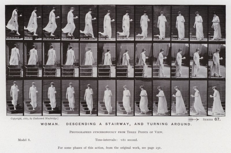 Mozgó emberalak: Nő, leereszkedik a lépcsőn, és megfordul (f/w fotó) alkotó: Eadweard Muybridge
