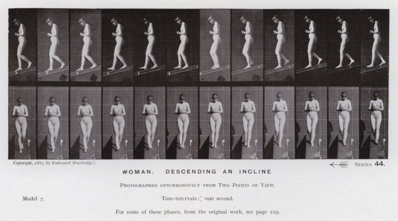 Mozgó emberi alak: nő, lejtőn lefelé (f/w fotó) alkotó: Eadweard Muybridge