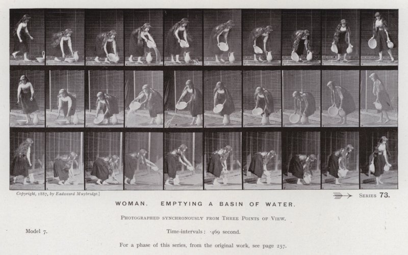 Mozgó emberalak: Nő, aki egy medencét ürít ki (f/w fotó) alkotó: Eadweard Muybridge