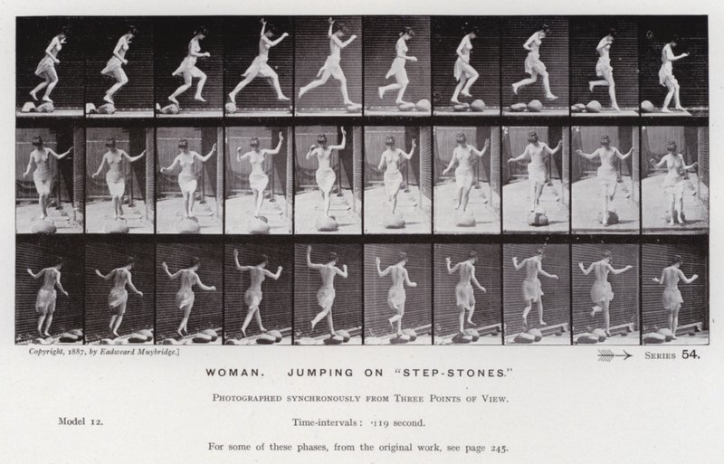 Mozgó emberalak: Nő, "lépcsőkövön" ugrál (f/w fotó) alkotó: Eadweard Muybridge