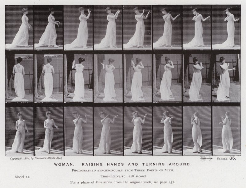 Mozgó emberalak: Nő, felemeli a kezét és megfordul (f/w fotó) alkotó: Eadweard Muybridge