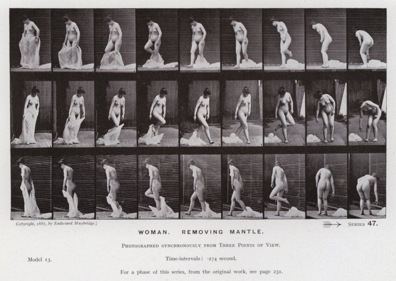 Mozgó emberi alak: nő, leveti a köpenyt (f/w fotó) alkotó: Eadweard Muybridge