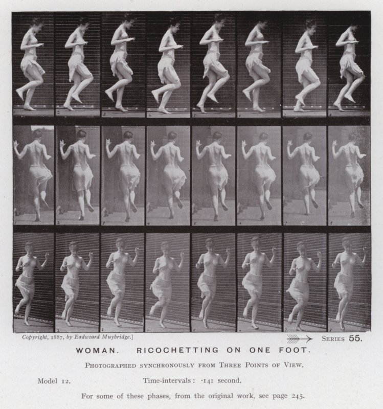 Mozgó emberalak: Nő, fél lábon rikozett (f/w fotó) alkotó: Eadweard Muybridge