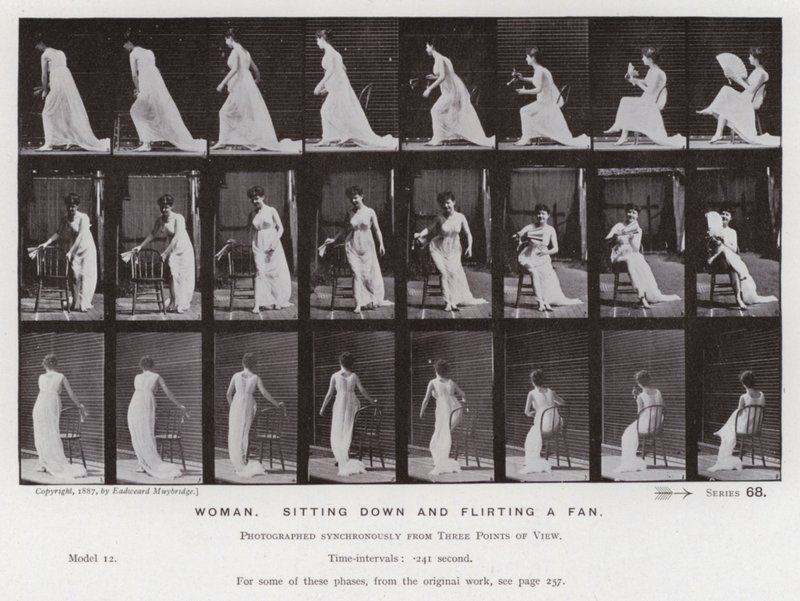 Mozgó emberalak: Nő, leülve egy rajongóval flörtöl (f/w fotó) alkotó: Eadweard Muybridge