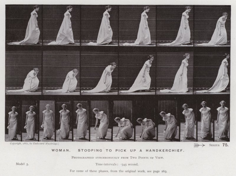 Mozgó emberalak: nő, lehajolva, hogy felvegye a zsebkendőjét (f/w fotó) alkotó: Eadweard Muybridge