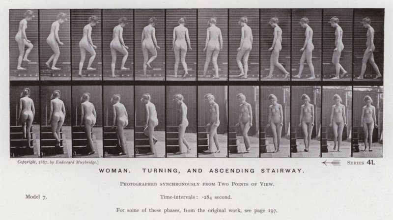 Mozgó emberalak: Nő, kanyarodó és felszálló lépcső (f/w fotó) alkotó: Eadweard Muybridge