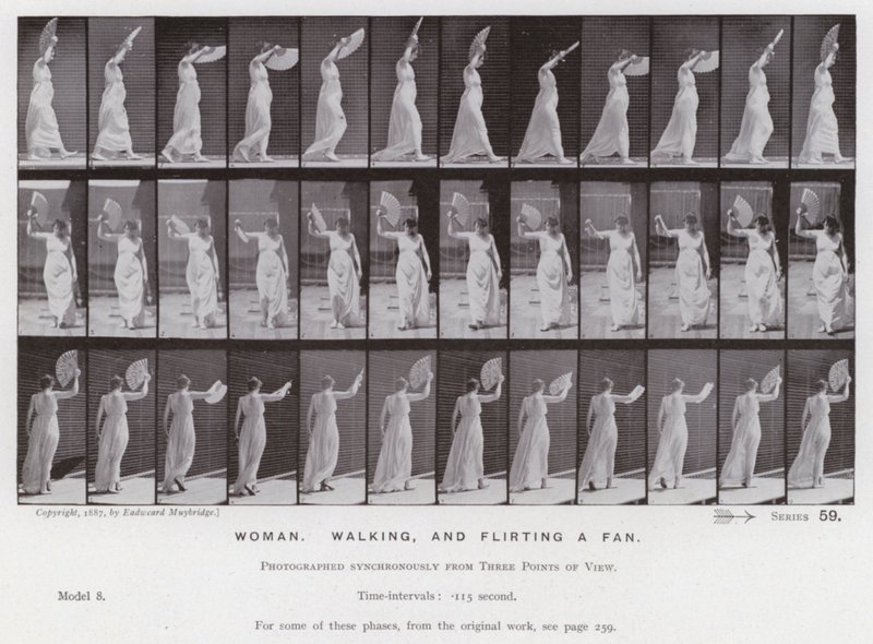 Mozgó emberalak: Nő sétál és flörtöl egy rajongóval (f/w fotó) alkotó: Eadweard Muybridge
