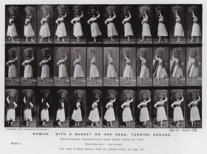 Mozgó emberalak: nő, kosárral a fején, megfordul (f/w fotó) alkotó: Eadweard Muybridge