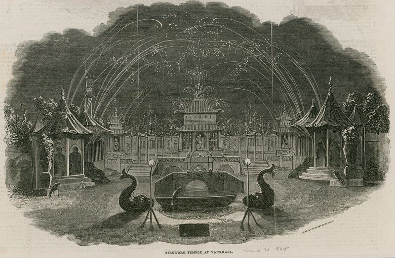 Tűzijáték-templom a londoni Royal Vauxhall Gardensben, Londonban alkotó: Ebenezer Landells