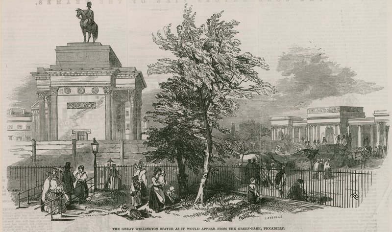A nagy Wellington-szobor és a boltív, ahogyan a Green Parkból, a Piccadillyről látszik. alkotó: Ebenezer Landells