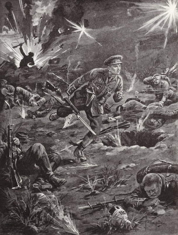 Benjamin Geary hadnagy heves kagylótűz alatt egy lövészárokba sietett a 60. domb jobb oldalán, hogy kapcsolatba lépjen egy tiszttel, Ypres, Belgium, 1915. április alkotó: Edgar Alfred Holloway