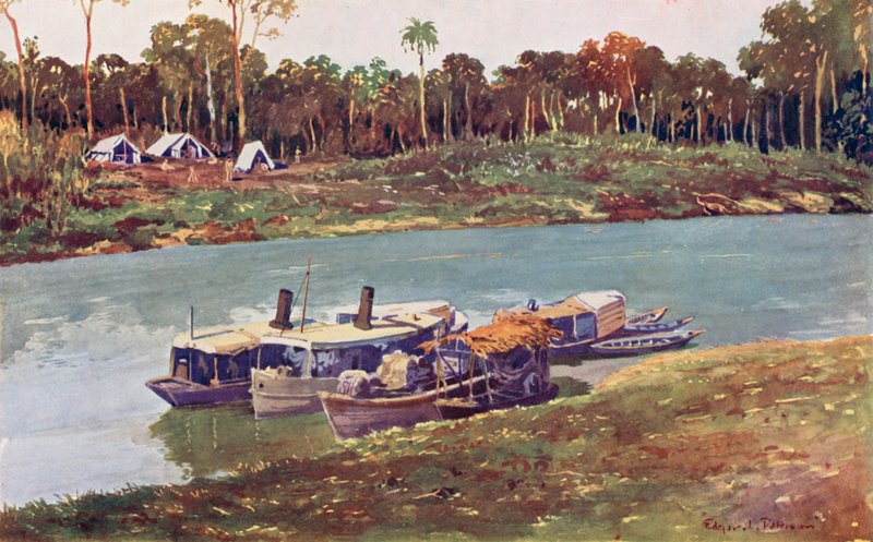 Katonai tábor az Amazonas felső szakaszán, háromezer mérföldre a tengertől (színes litho) alkotó: Edgar L. Pattison