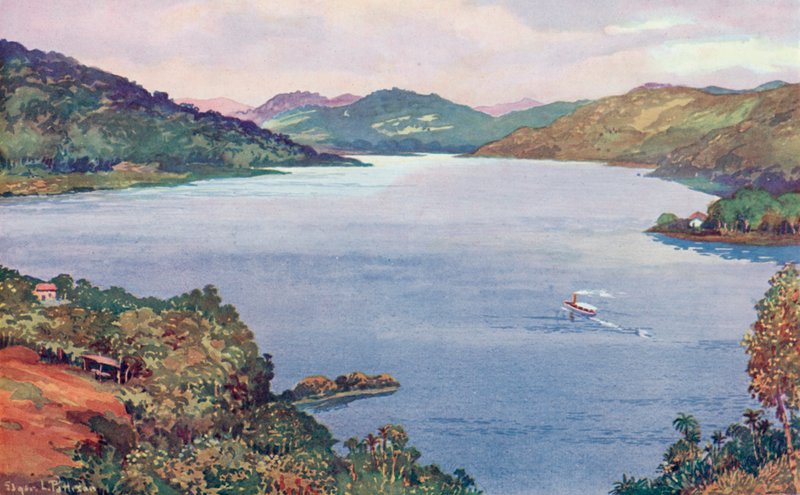 Egy pillantás a Ribeirao das Lajes-i nagy mesterséges tóra, amelyet a Rio de Janeiro Villamos, Fény és Energia Társaság épített (színes litho) alkotó: Edgar L. Pattison