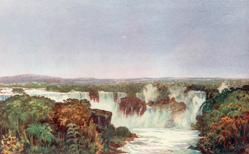 Részleges kilátás az Iguassu-vízesésre, Brazília, Paraguay és Argentína csomópontjára, északról megközelítve a Brazil Vasúttársaság rendszere (színes litho) alkotó: Edgar L. Pattison