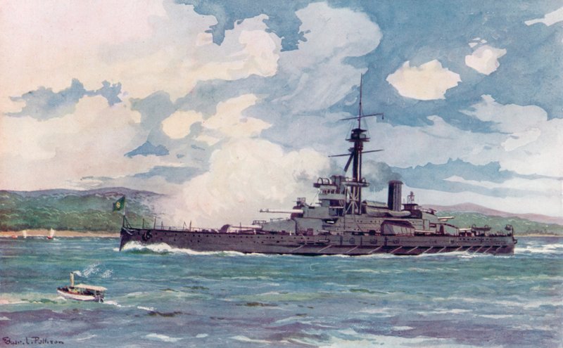 A brazil szuper-dreadnought "Minas Geraes" Rióhoz közelít (színes litho) alkotó: Edgar L. Pattison