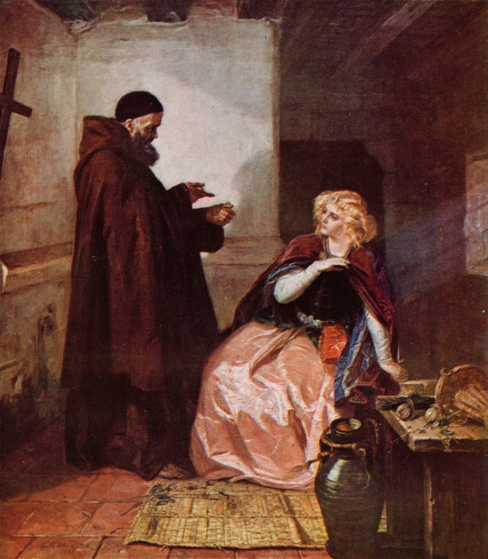 Shakespeare: Júlia és Laurence barát, Rómeó és Júlia, IV. felvonás, 1. jelenet (színes litó) alkotó: Edgar Melville (after) Ward