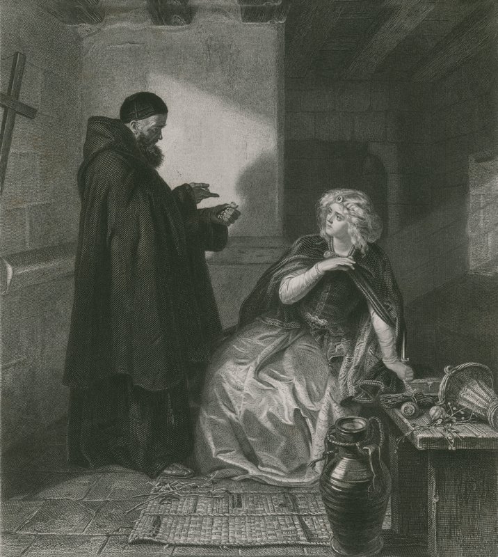 Júlia Lőrinc testvér cellájában, Rómeó és Júlia alkotó: Edgar Melville Ward