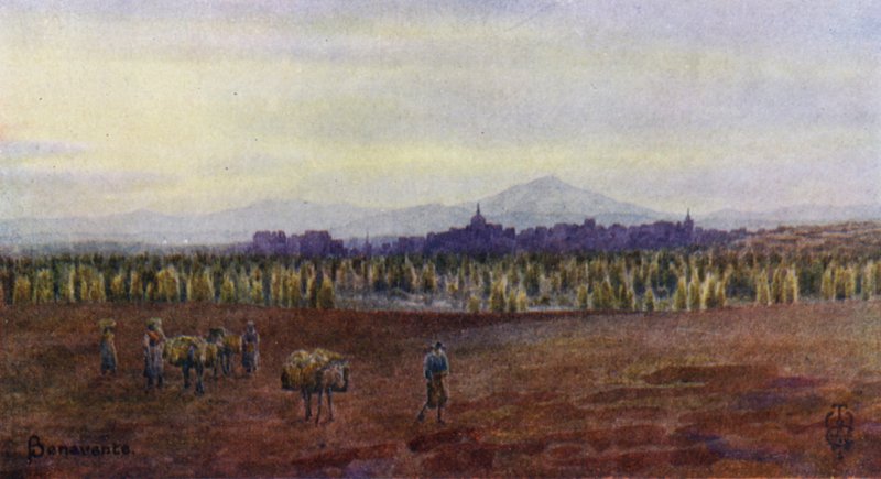 Észak-Spanyolország: Benavente, Castro Gonzalo hídja felülről (színes litho) alkotó: Edgar T. A. Wigram