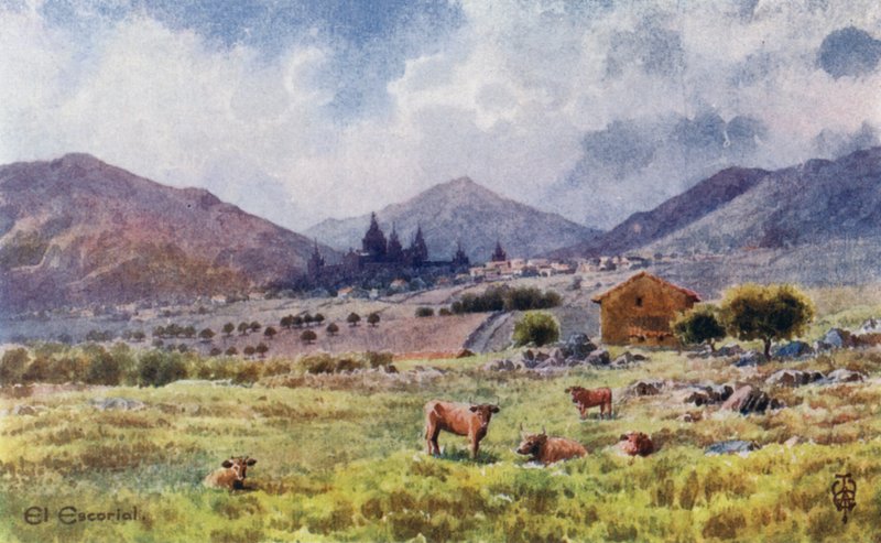 Észak-Spanyolország: Escorial, keletről (színes litho) alkotó: Edgar T. A. Wigram