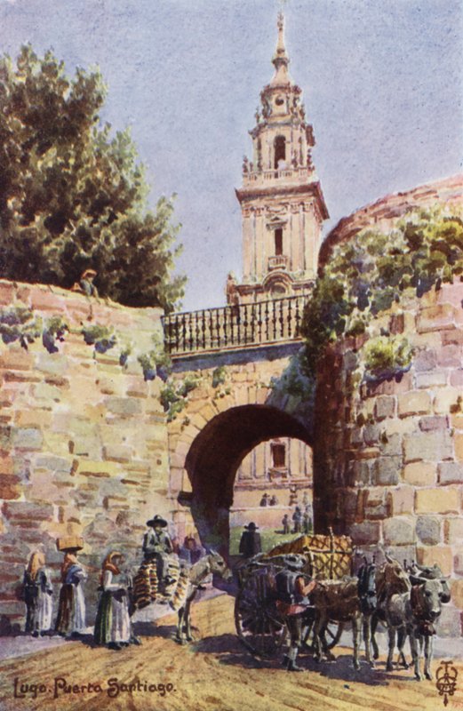 Észak-Spanyolország: Lugo, A Santiago-kapu (színes litho) alkotó: Edgar T. A. Wigram