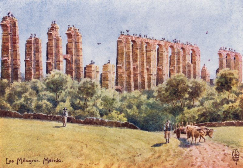 Észak-Spanyolország: Merida, "Los Milagros", a Nagy Vízvezeték romjai (színes litho) alkotó: Edgar T. A. Wigram