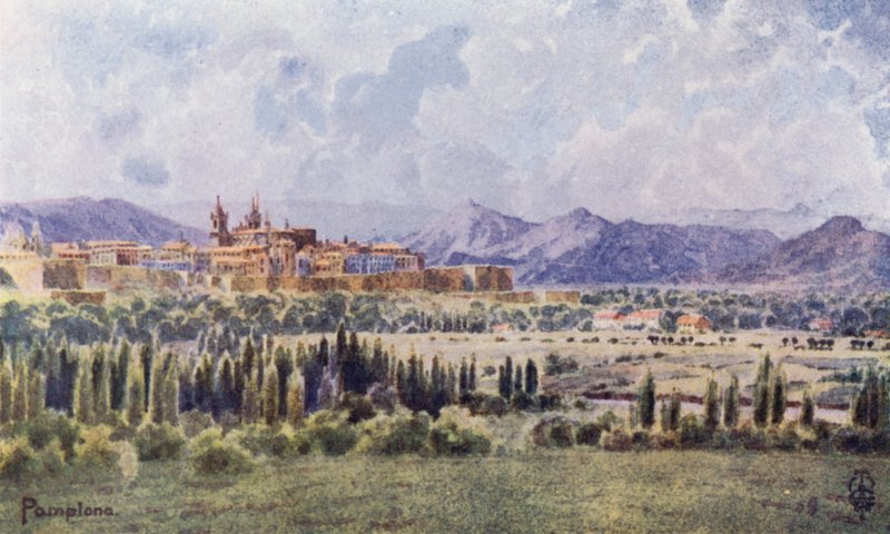 Észak-Spanyolország: Pamplona, Az úttól a határig (színes litho) alkotó: Edgar T. A. Wigram