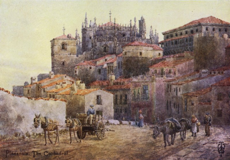Észak-Spanyolország: Plasencia, a városfalak és a katedrális (színes litho) alkotó: Edgar T. A. Wigram