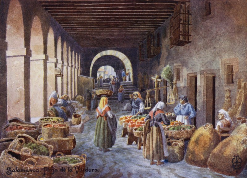 Észak-Spanyolország: Salamanca, Árkádok a Plaza de la Verdura-n (színes litó) alkotó: Edgar T. A. Wigram