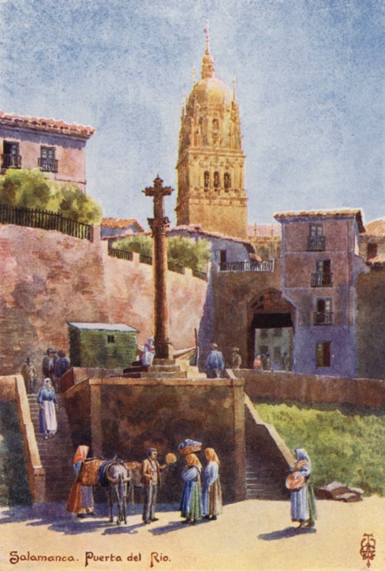 Észak-Spanyolország: Salamanca, a Puerta del Rio, a katedrális tornyával (színes litho) alkotó: Edgar T. A. Wigram