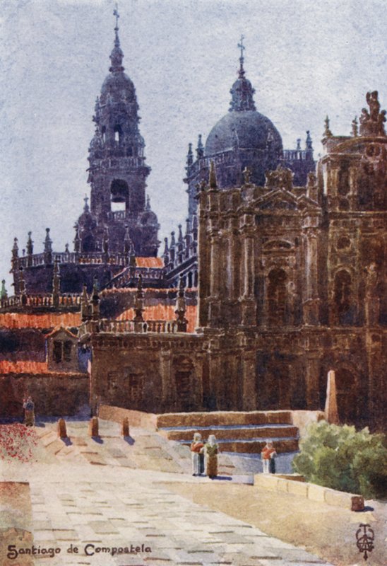 Észak-Spanyolország: Santiago de Compostela, a katedrális északkeletről (színes litho) alkotó: Edgar T. A. Wigram