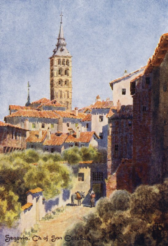 Észak-Spanyolország: Segovia, San Esteban templom (színes litho) alkotó: Edgar T. A. Wigram