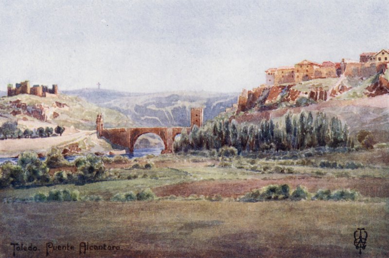 Észak-Spanyolország: Toledo, Alcantara hídja, az Illescas út felől (színes litho) alkotó: Edgar T. A. Wigram