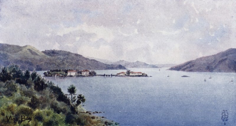 Észak-Spanyolország: Vigo-öböl, a Belső kikötő, kilátással a tengerre (színes litho) alkotó: Edgar T. A. Wigram