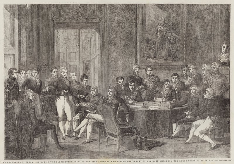A bécsi kongresszus, a párizsi békeszerződést aláíró nyolc hatalom meghatalmazottainak ülése, 1815. alkotó: Edmond Morin