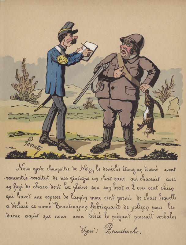 Vadász egy macskát lelőtt vadászral (színes litho) alkotó: Edmond Lavrate