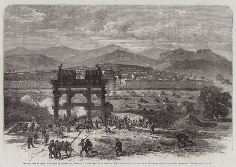 A polgárháború Kínában, a brit tisztek által vezetett imperialisták expedíciója Fungwha-ba, a Keleti Kapu bombázása a HMS Encounter és a Sphinx mezőőrökkel. alkotó: Edmund Morison Wimperis