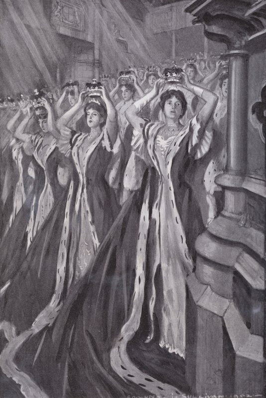 Koronétákat felhúzó koronásnők Alexandra királynő, VII. Edward király hitvese koronázásán, a Westminster Abbey, London alkotó: Edmund Joseph (after) Sullivan
