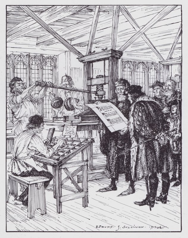 William Caxton a nyomdájában (litho) alkotó: Edmund Joseph (after) Sullivan