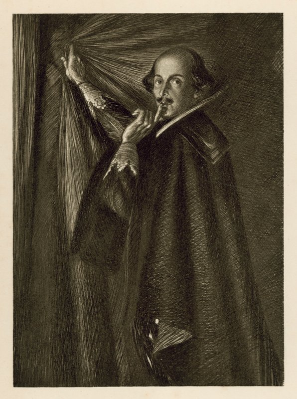 William Shakespeare tartja a függönyt, és azt mondja, hogy maradjunk csendben (litho) alkotó: Edmund Joseph Sullivan