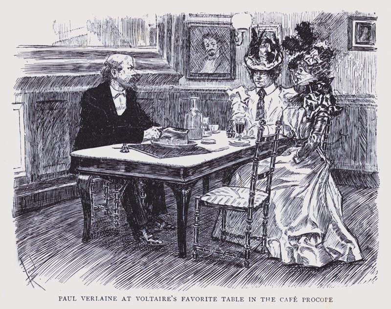 Bohém Párizs: Paul Verlaine Voltaire kedvenc asztalánál a Cafe Procope-ban (litho) alkotó: Edouard Alfred (1875 1954) Cucuel