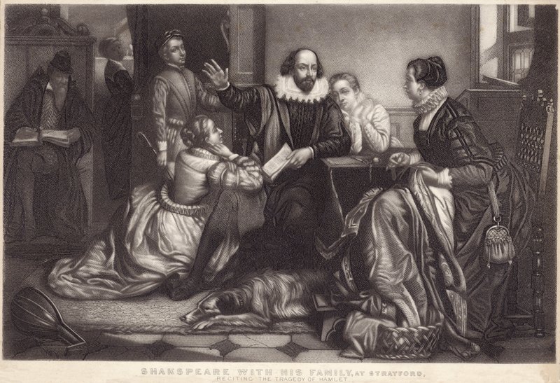 Shakespeare a családjával Stratford on Avonban, amint Hamlet tragédiáját szavalja alkotó: Edouard Jean Conrad Hamman