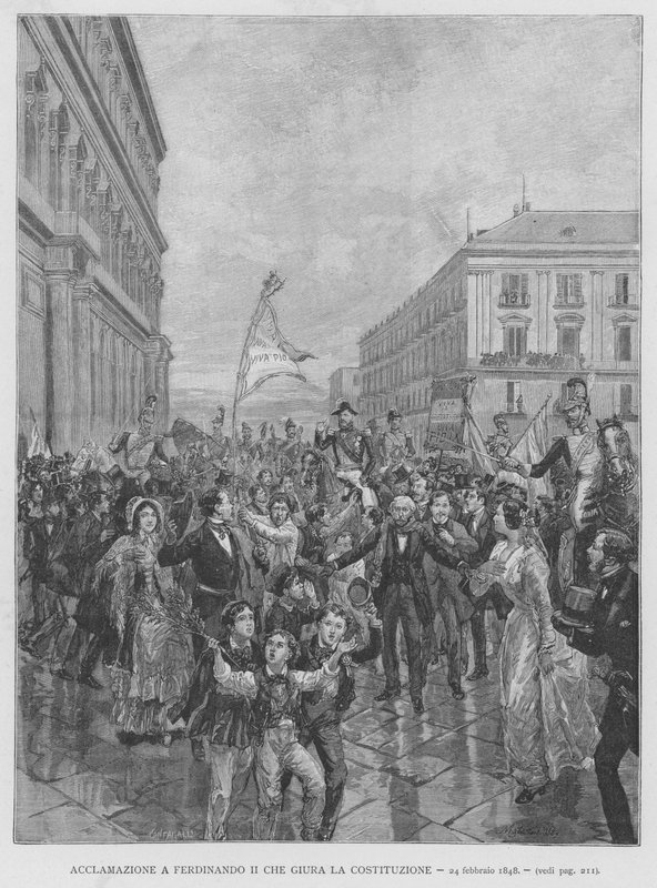 Elismerés II. Ferdinándhoz, aki az alkotmányra esküdött, 1848. február 24. (metszet) alkotó: Edouardo Matania