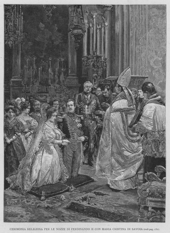 Vallási szertartás II. Ferdinánd esküvőjére Savoyai Mária Cristinával (metszet) alkotó: Edouardo Matania