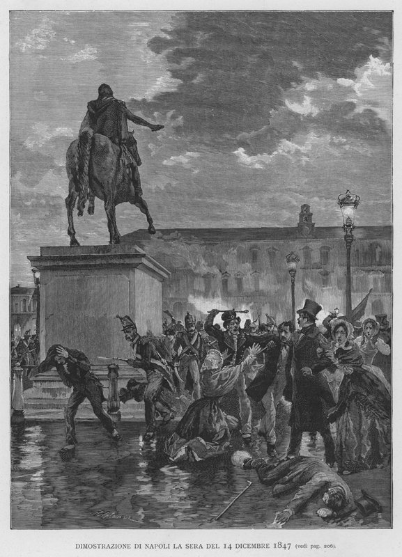 Nápolyi tüntetés 1847. december 14-én este (metszet) alkotó: Edouardo Matania