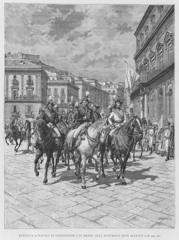 I. Ferdinánd belépése Nápolyba osztrák szövetségesei közepette (metszet) alkotó: Edouardo Matania